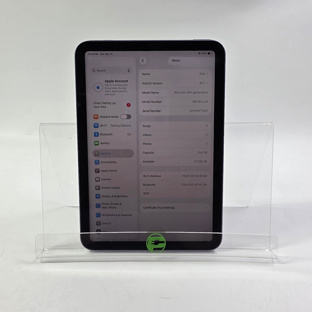 WiFi Only Apple iPad Mini 6th Gen 256GB Purple MK7X3LL/A