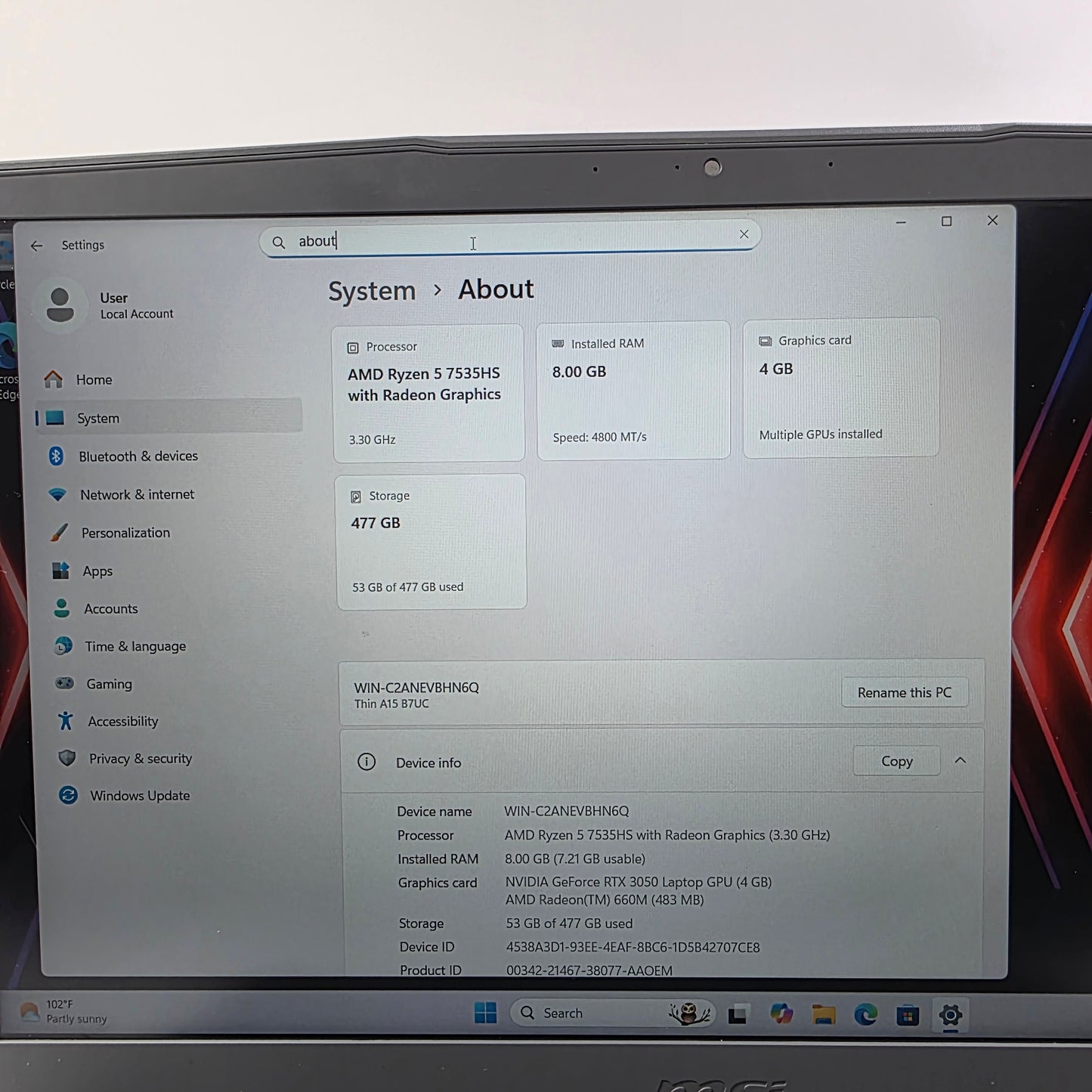 MSI Thin A15 B7UC 15.6" ryzen 5 7533HS 3.3GHz 8GB RAM 500GB SSD GeForce RTX 3050