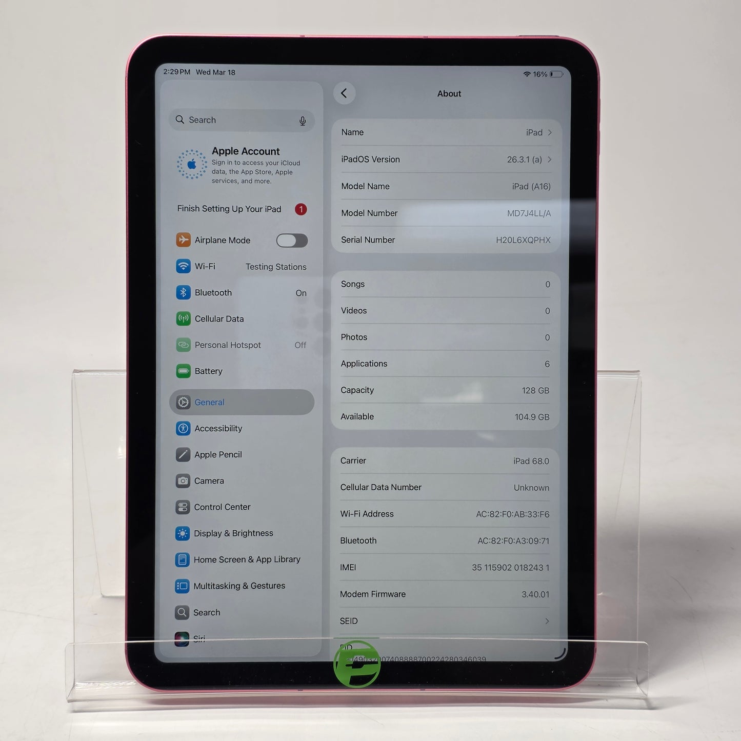 WiFi Only Apple iPad 11" (A16) 128GB 18.6.2 Pink MD7J4LL/A