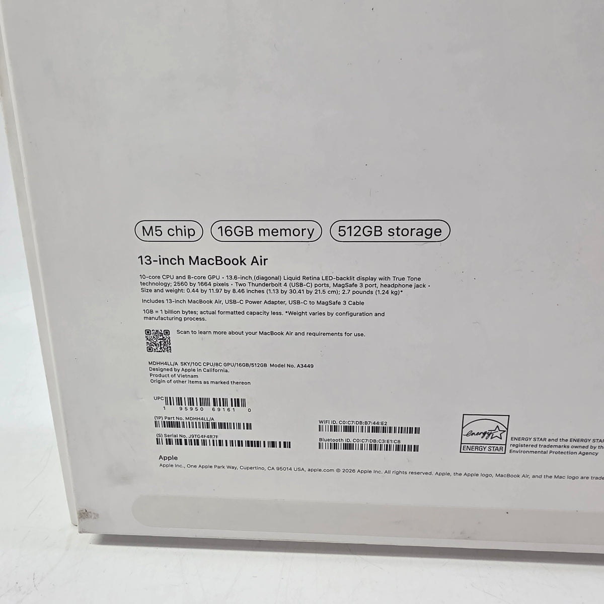 2025 Apple MacBook Air 13" M5 8C GPU 4.6GHz 16GB RAM 512GB SSD A3449