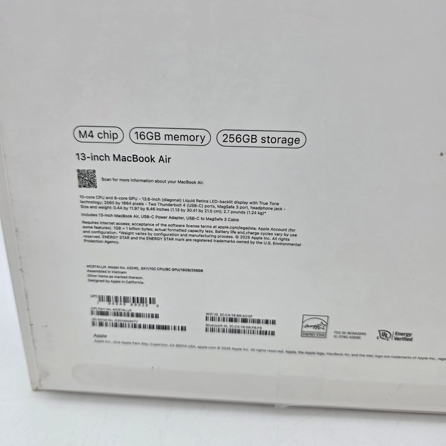 2025 Apple MacBook Air 13.6" M4 8C GPU 4.5GHz 16GB RAM 256GB SSD MC6T4LL/A