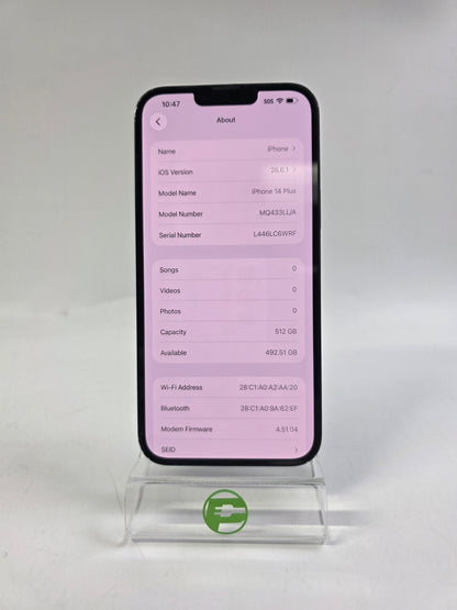 Unlocked Apple iPhone 14 Plus 512GB 26.6 Midnight MQ433LL/A