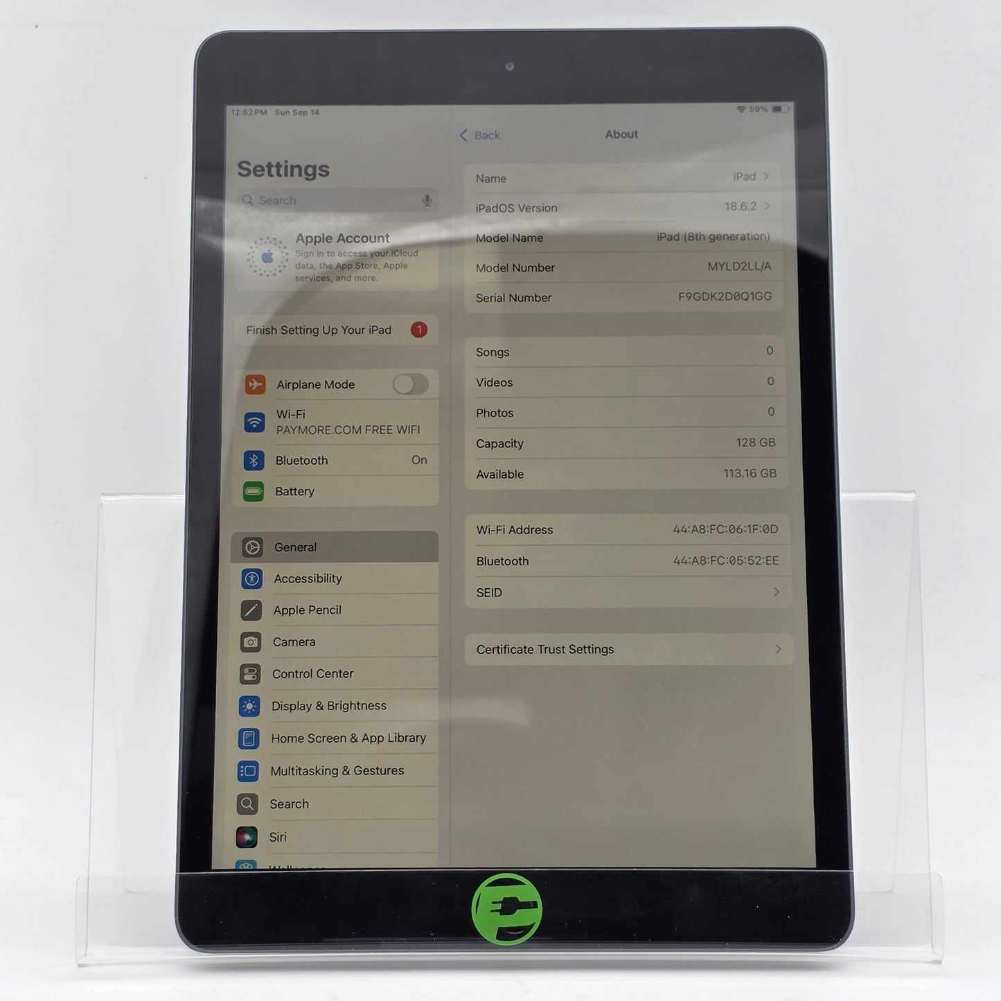 WiFi Only Apple iPad 8th Gen 128GB 18.6.2 Space gray MYLD2LL/A Engraved