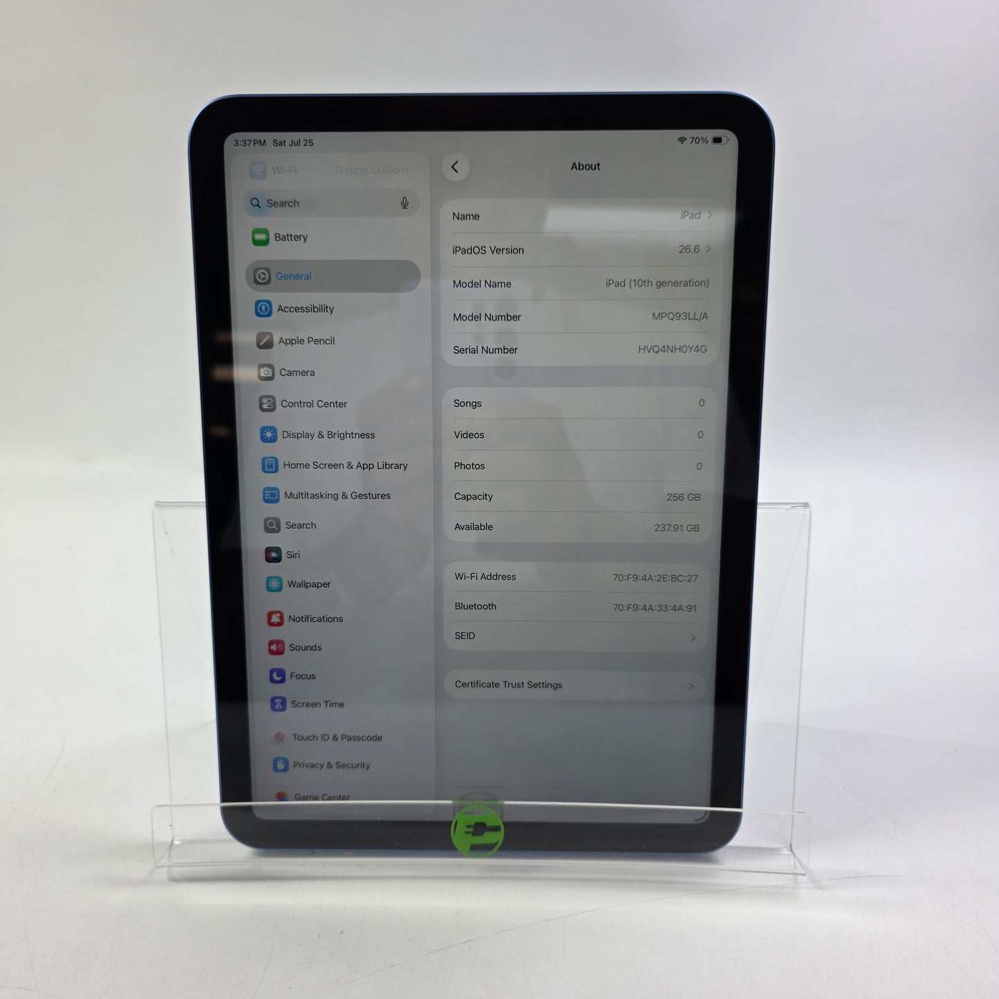 WiFi Only Apple iPad 10th Gen 256GB Blue MPQ93LL/A