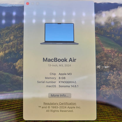2024 Apple MacBook Air 13.3" M3 4.0GHz 8GB RAM 256GB SSD A3113