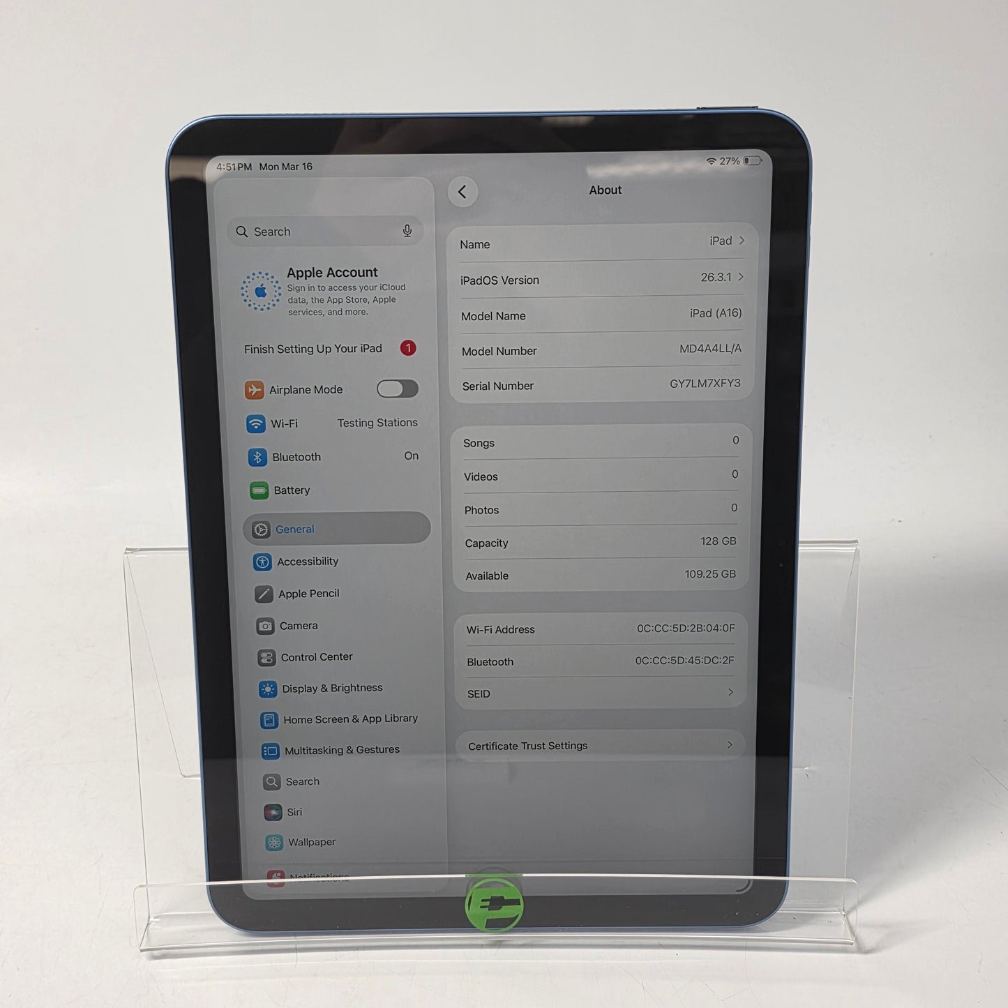 WiFi Only Apple iPad 11" (A16) 128GB Blue MD4A4LL/A