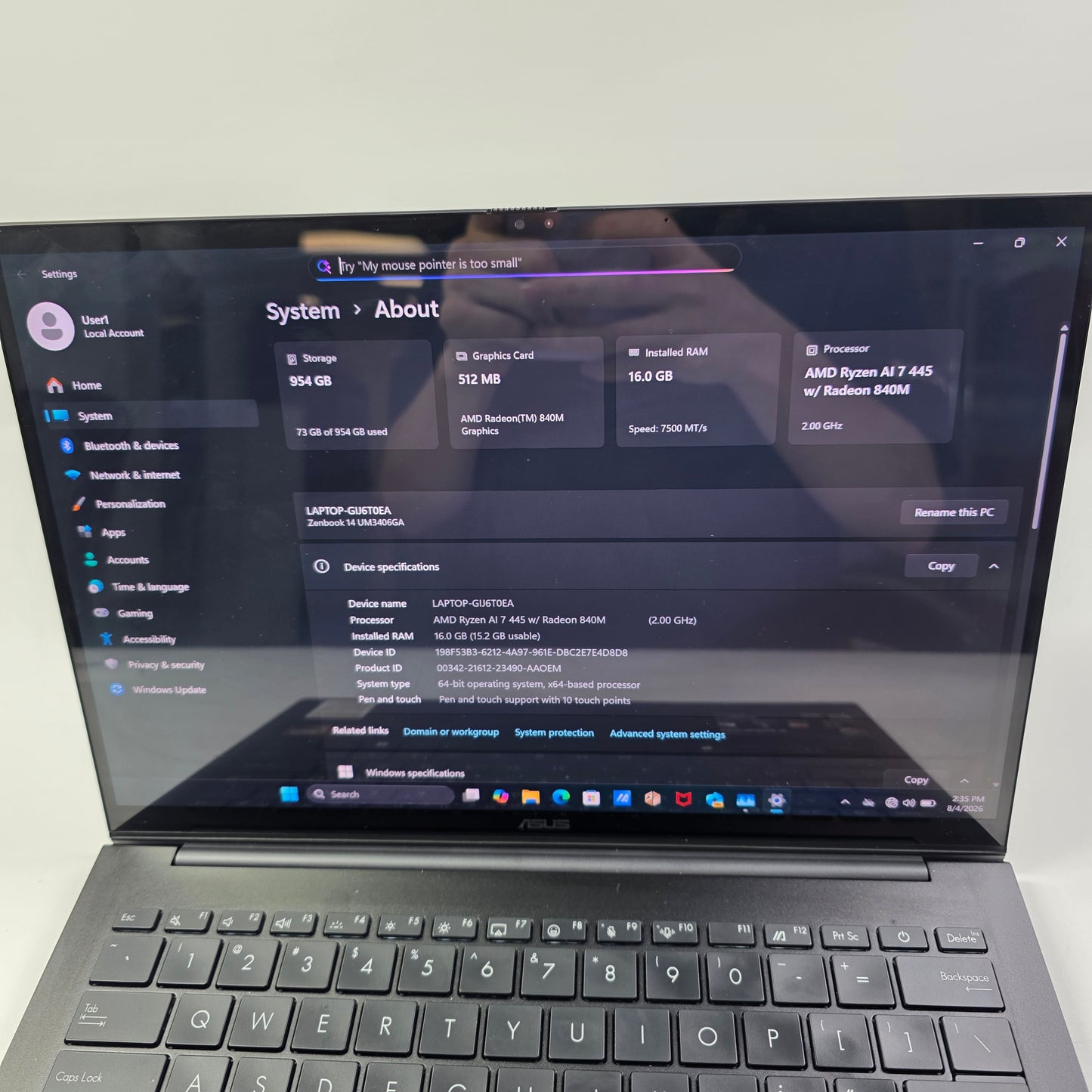 Asus Zenbook 14 UM3406G 14" ryzen AI 7 445  2.0GHz 16GB RAM 1TB SSD