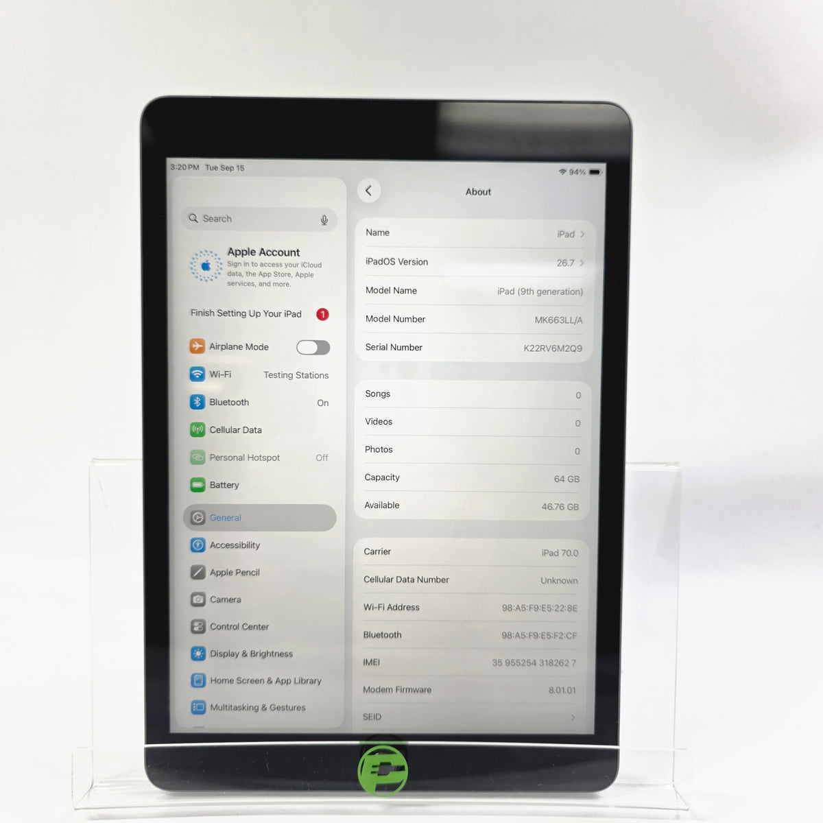 WiFi Only Apple iPad 9th Gen 64GB Space Gray MK663LL/A