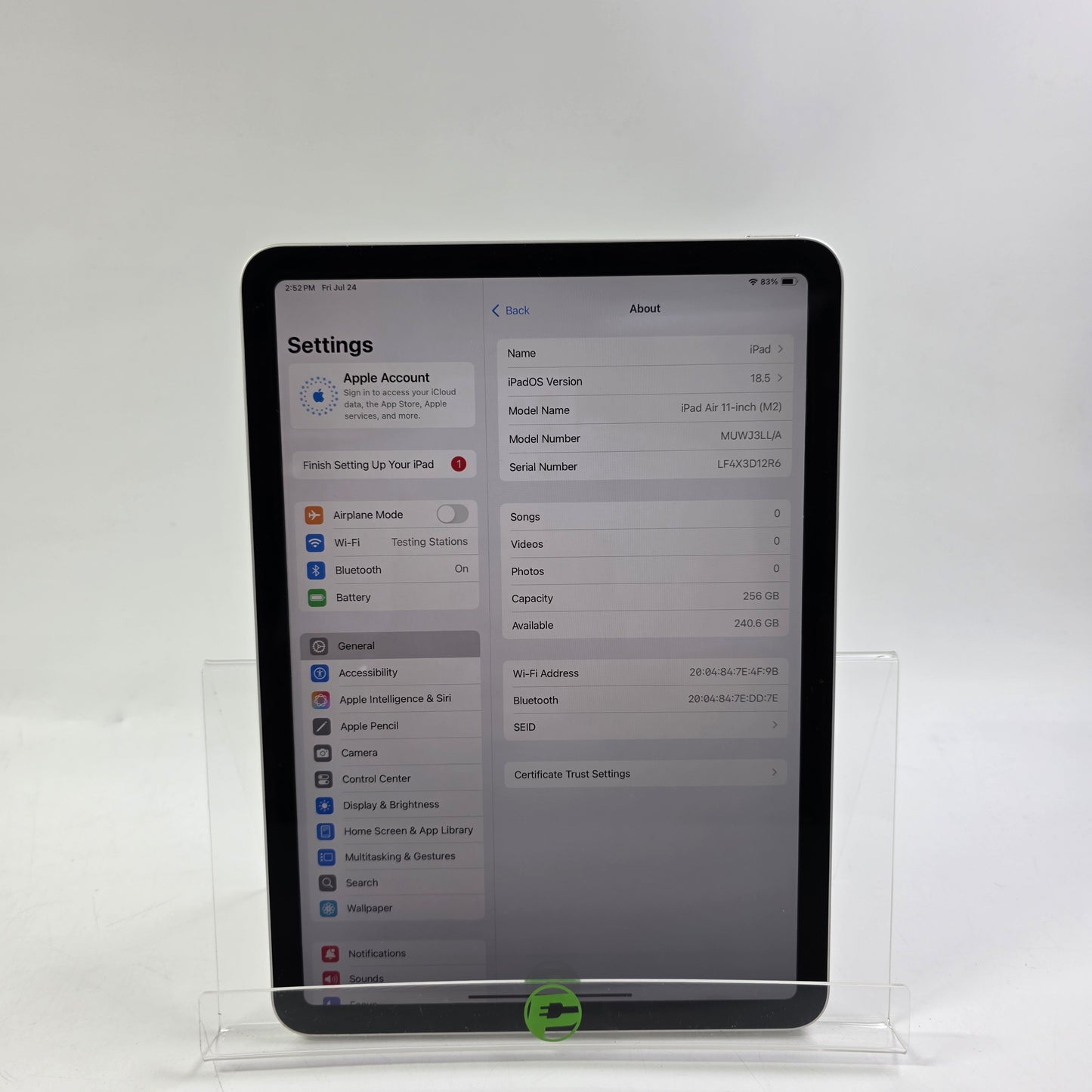 WiFi Only Apple iPad Air 11" M2 256GB Silver MUWJ3LL/A