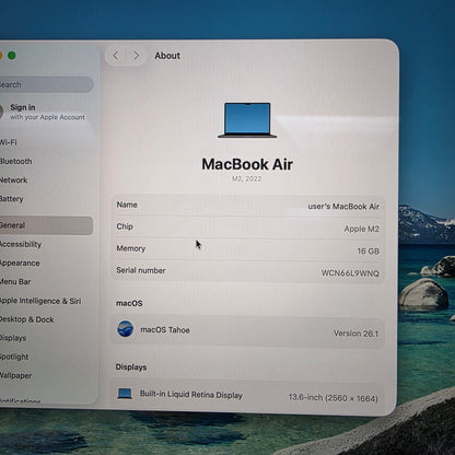 2022 Apple MacBook Air 13.6" M2 10C GPU 3.5GHz 16GB RAM 256GB SSD A2681