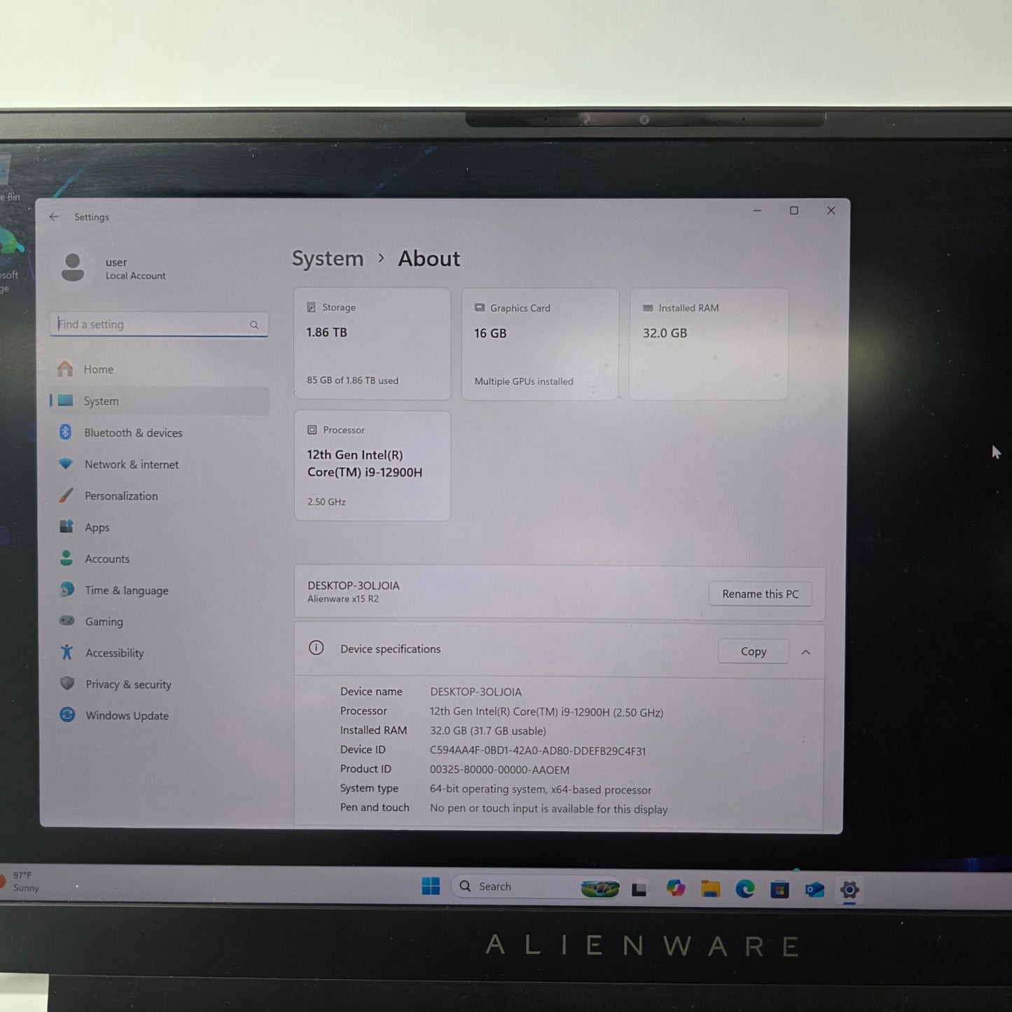 Alienware X15 P1114 15.6" i9-12900H 2.5GHz 32GB RAM 2TB SSD GeForce RTX 3080 Ti