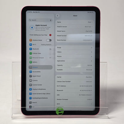 WiFi Only Apple iPad 11" (A16) 128GB 18.6.2 Pink MD7J4LL/A