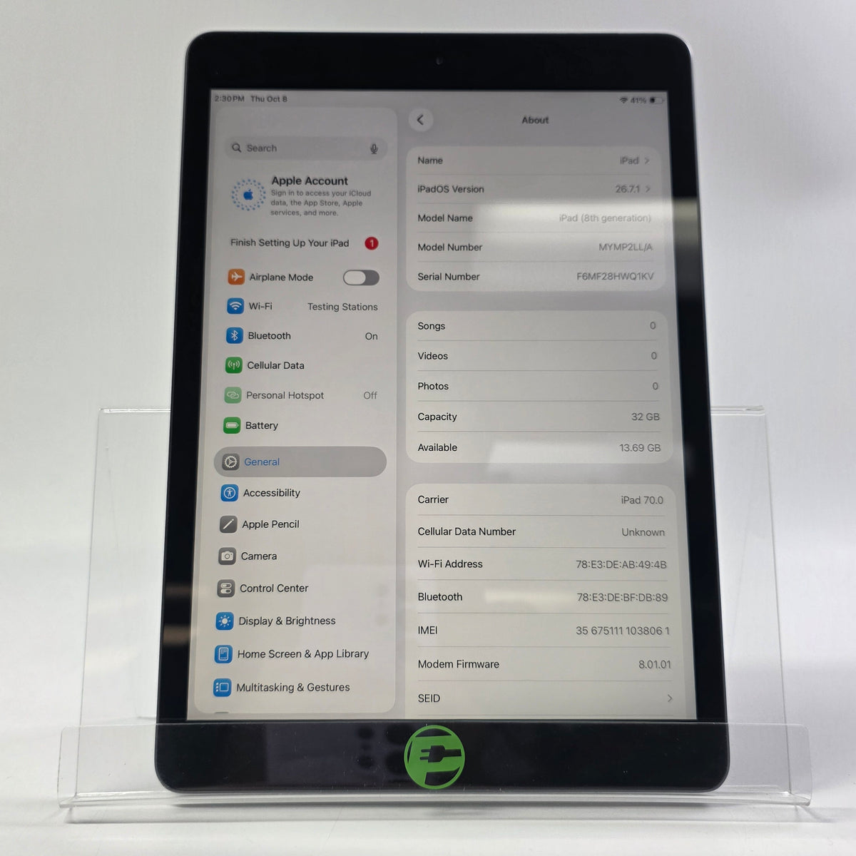 Factory Unlocked Apple iPad 8th Gen 32GB Space Gray MYMP2LL/A