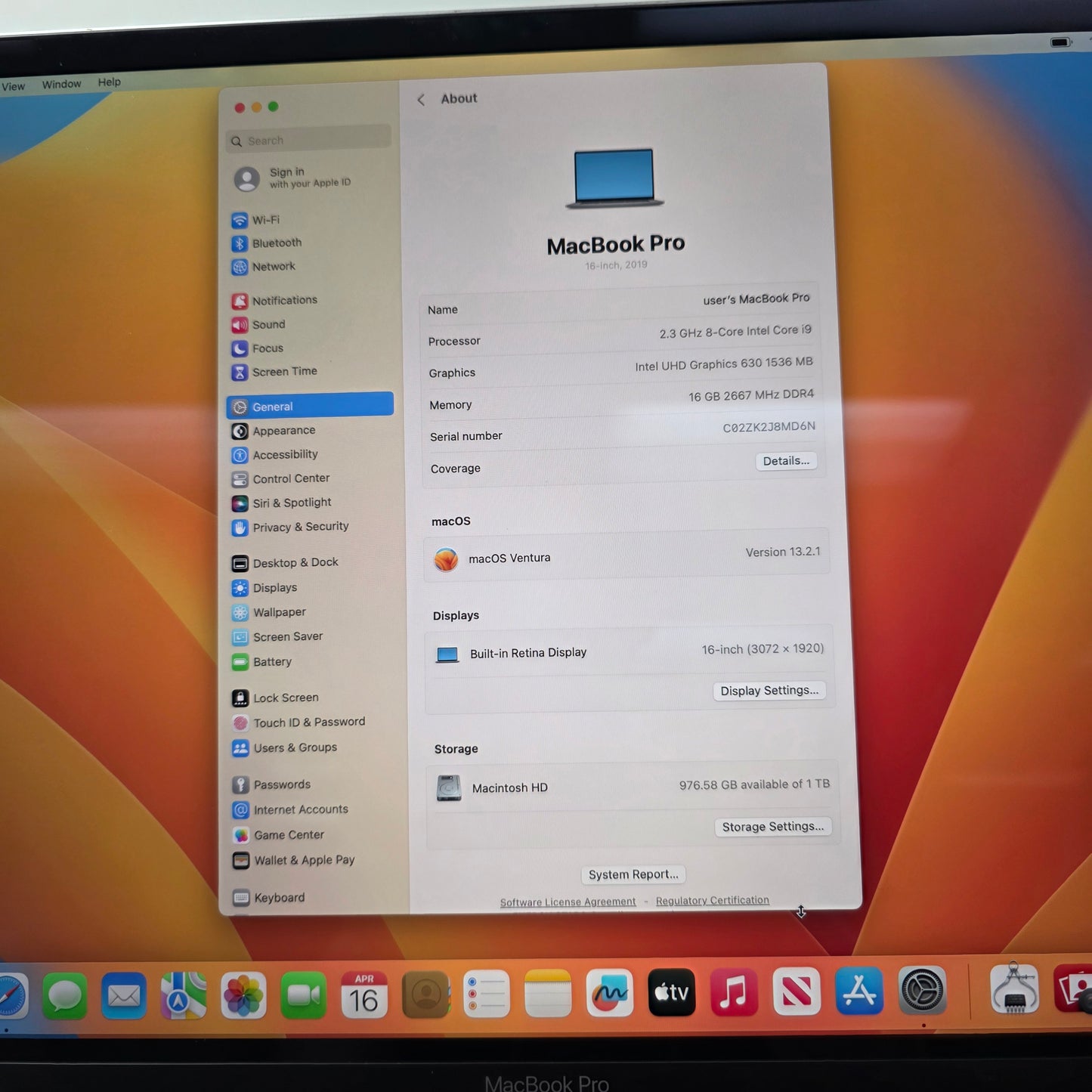 2019 Apple MacBook Pro 16" i9 2.3GHz 16GB RAM 1TB SSD Silver MVVJ2LL/A