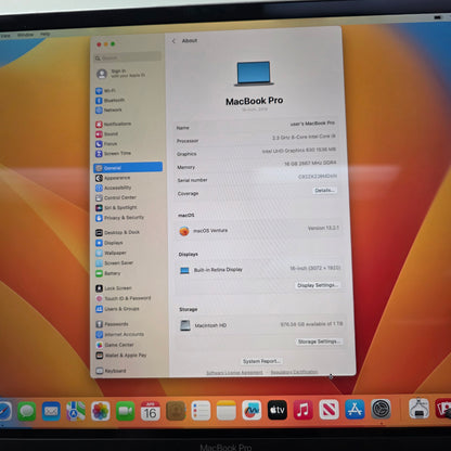 2019 Apple MacBook Pro 16" i9 2.3GHz 16GB RAM 1TB SSD Silver MVVJ2LL/A