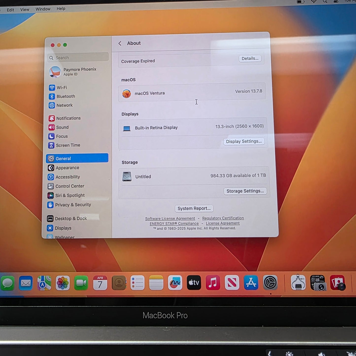 2017 Apple MacBook Pro 13.3" i7 1.7GHz 16GB RAM 1TB SSD Space Gray A1706