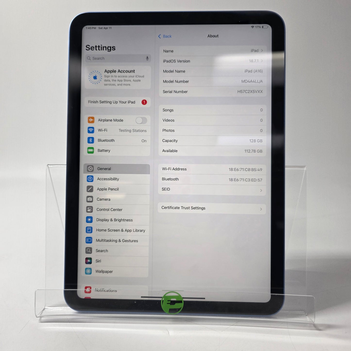 WiFi Only Apple iPad 10th Gen 128GB Blue MD4A4CL/A