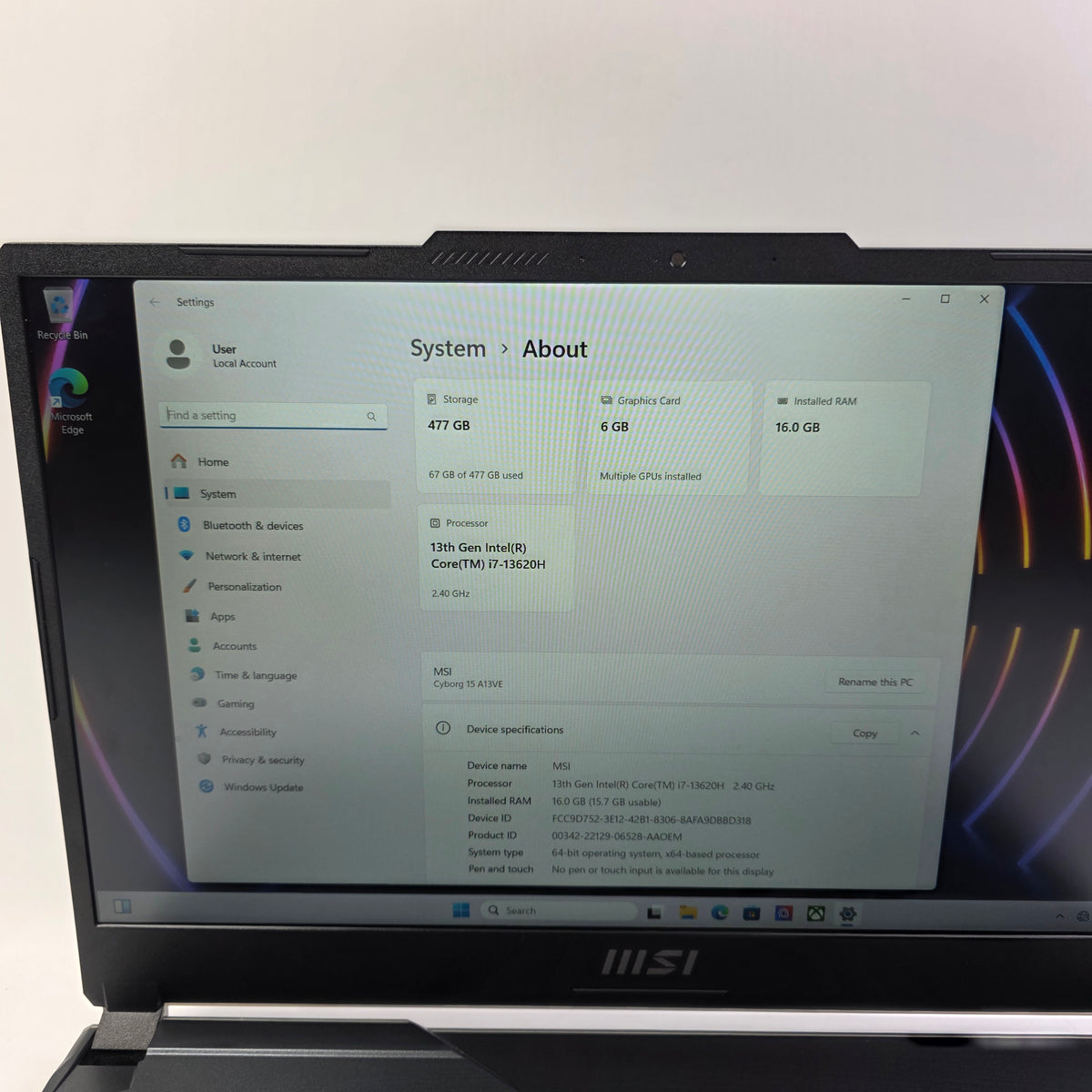 MSI Cyborg 15 A13VE 15.3 i7-13620H 2.4GHz 16GB RAM 512GB GeForce RTX 4050