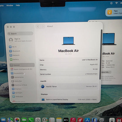 2022 Apple Macbook Air 13.6" M2 8C GPU 3.5GHz 16GB RAM 256GB SSD MC7X4LL/A