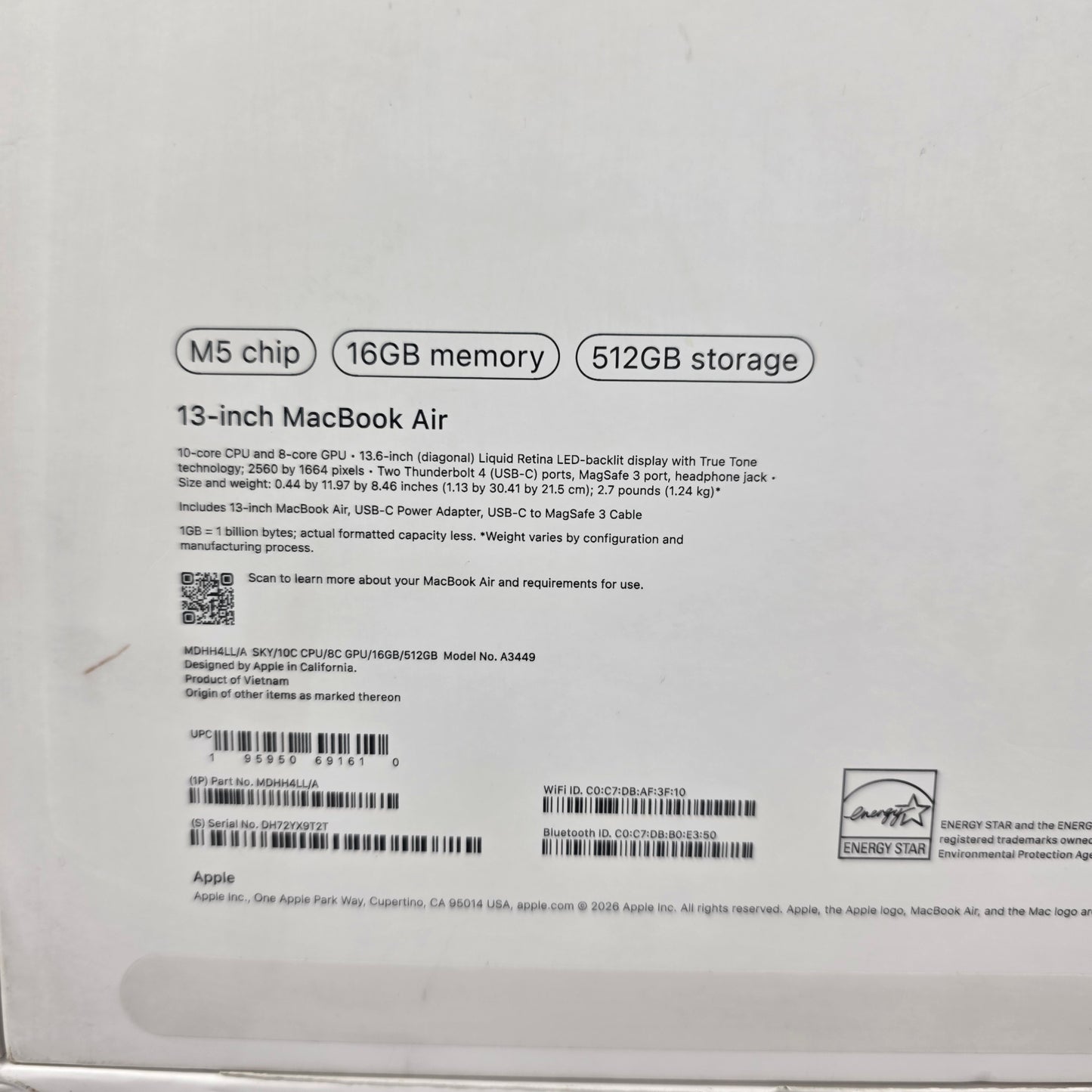 2026 Apple MacBook Air 13" M5 8C GPU 4.6GHz 16GB RAM 512GB SSD A3449