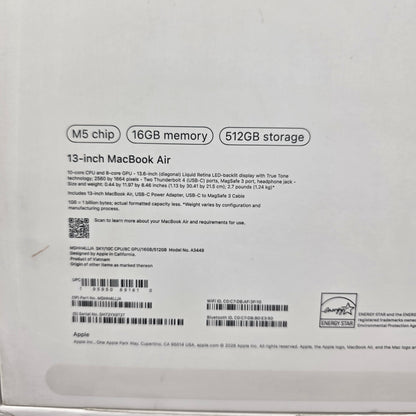 2026 Apple MacBook Air 13" M5 8C GPU 4.6GHz 16GB RAM 512GB SSD A3449