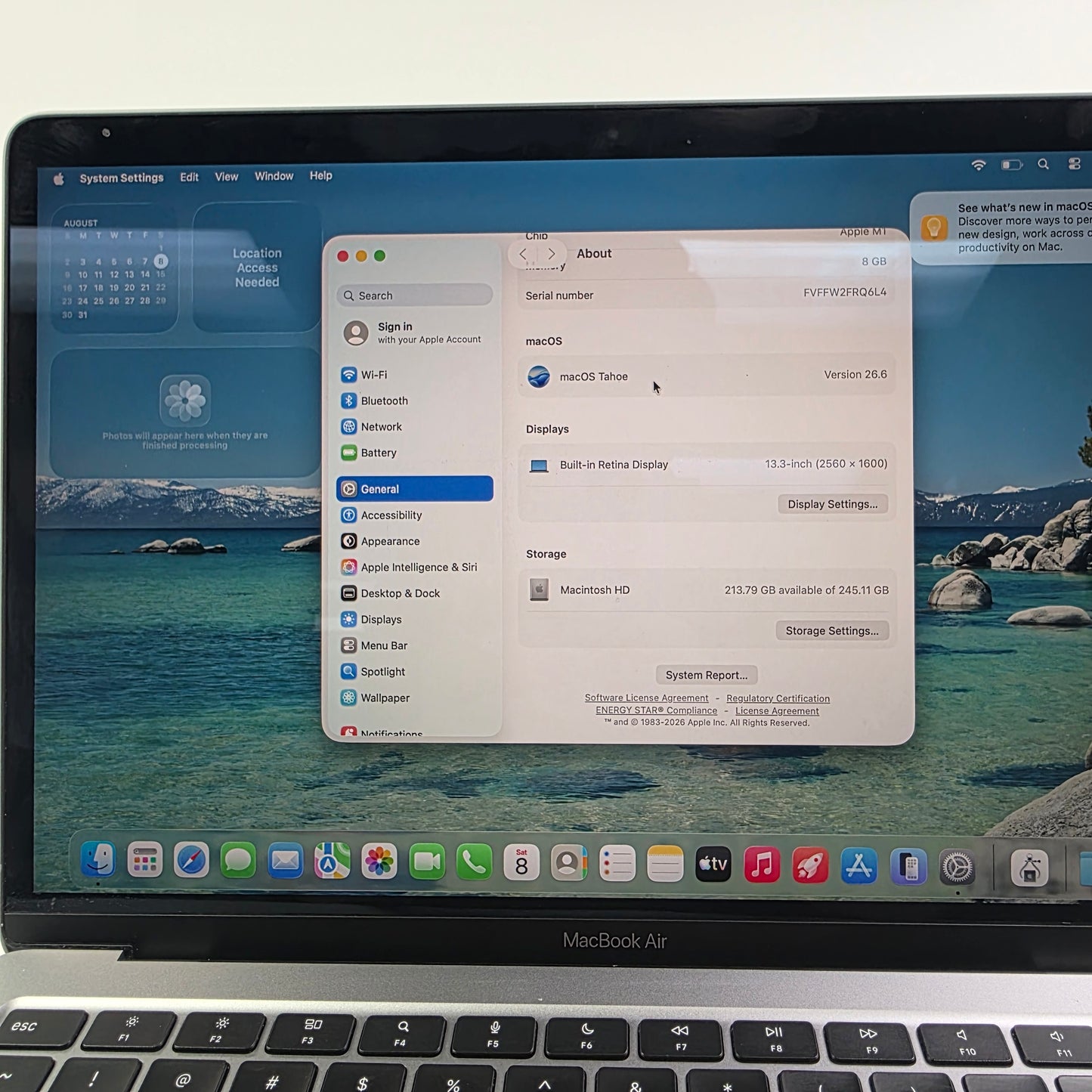 2020 Apple MacBook Air 13.3" M1 8C GPU 3.2GHz 8GB RAM 256GB SSD A2337