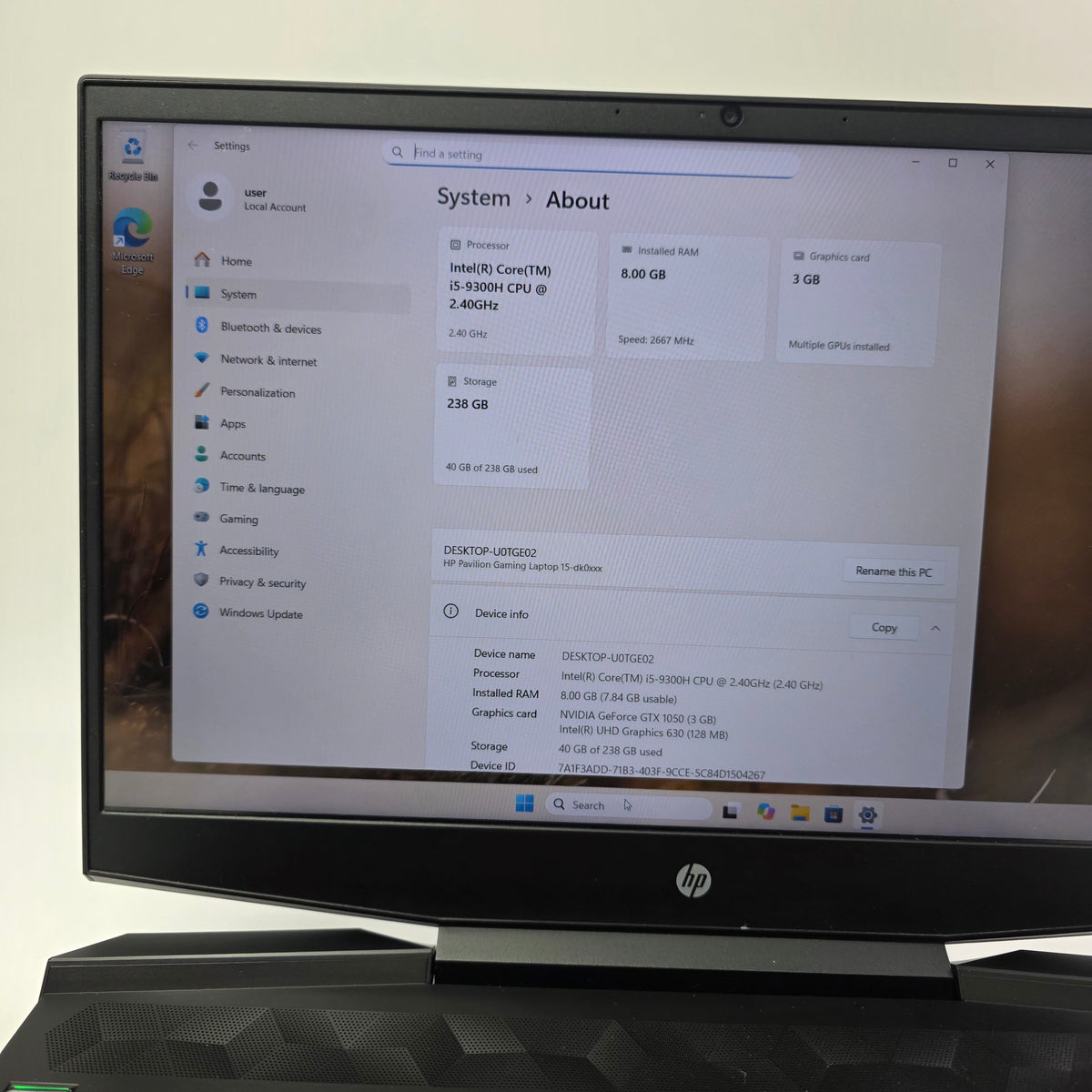 HP Pavilion Gaming 15.3 i5-9300H 2.4GHz 8GB RAM 256GB SSD GeForce GTX 1050
