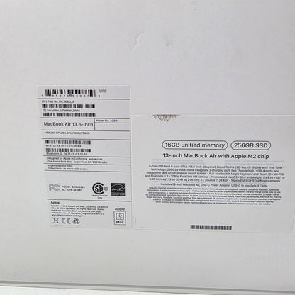 2022 Apple Macbook Air 13.6" M2 8C GPU 3.5GHz 16GB RAM 256GB SSD MC7X4LL/A
