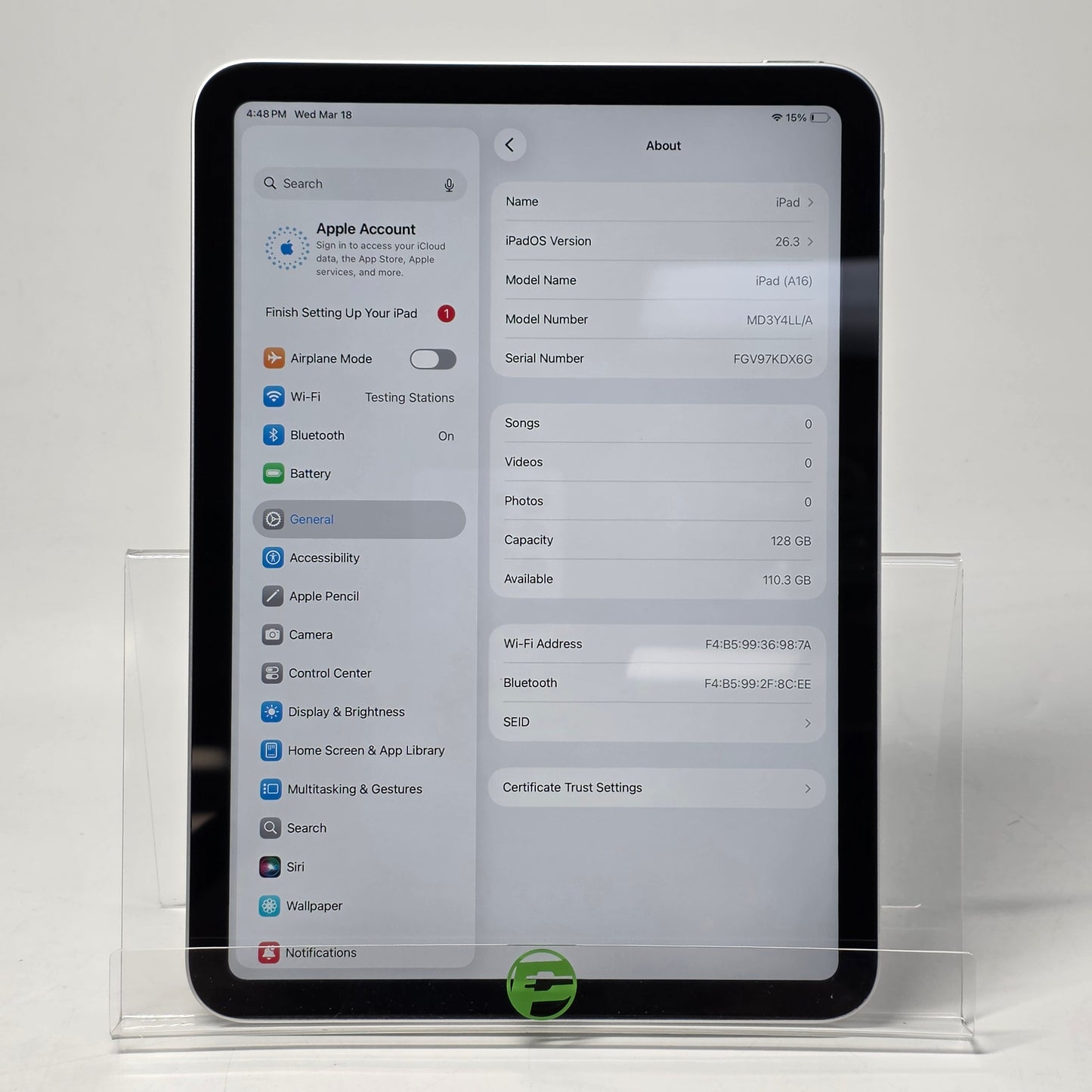 WiFi Only Apple iPad 11" (A16) 128GB Silver MD3Y4LL/A