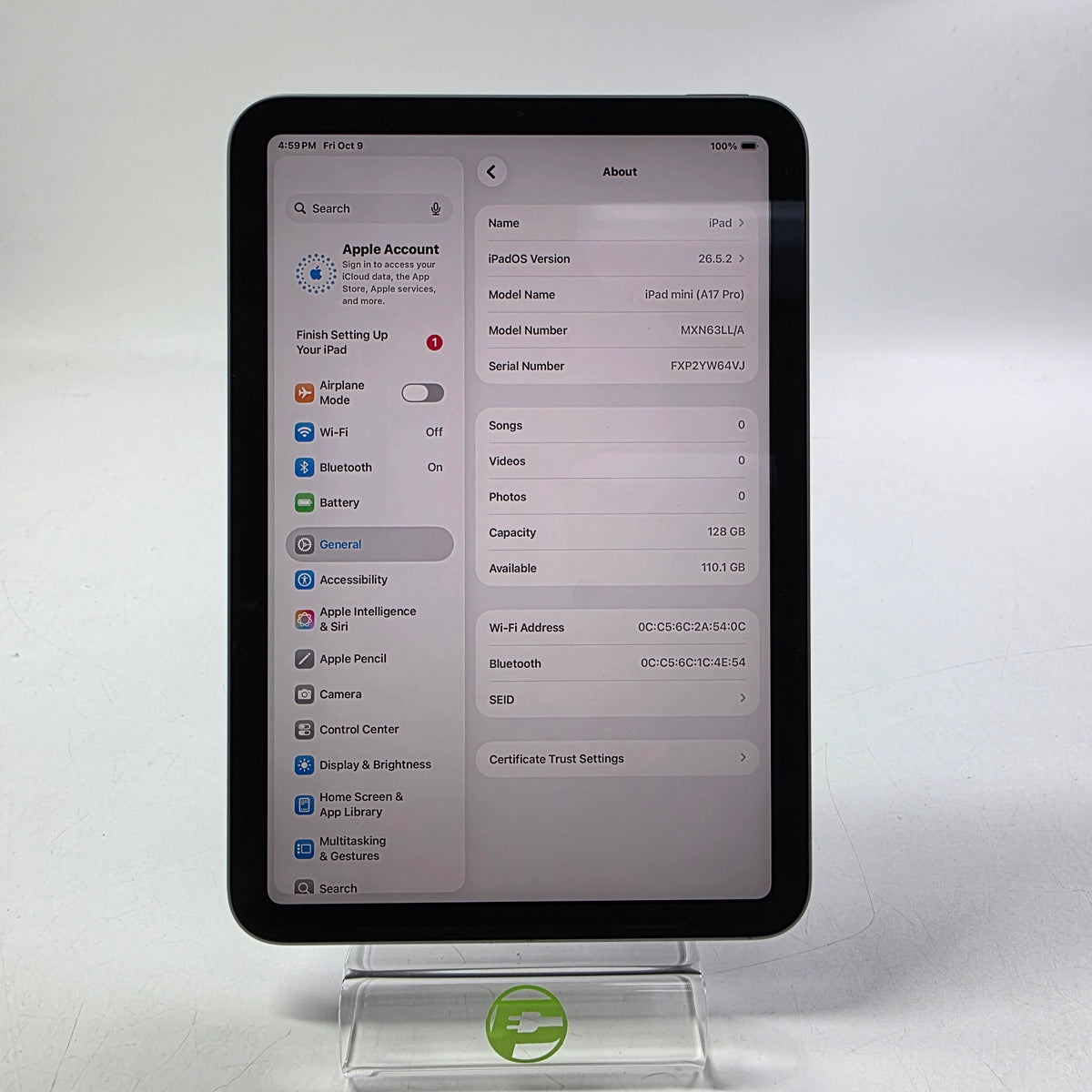 WiFi Only Apple iPad Mini (A17 Pro) 128GB Space Gray MXN63LL/A