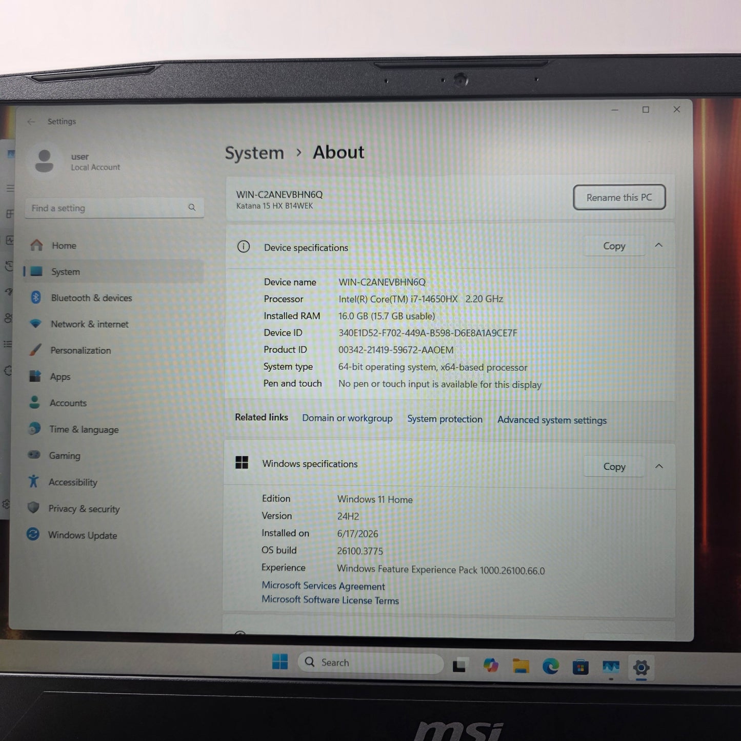 MSI Katana 15 HX 15.6" i7-14650HX 16GB RAM 500GB GeForce RTX 5050