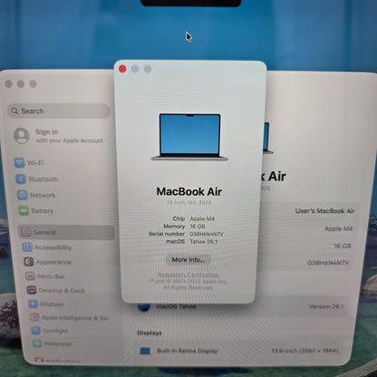 2025 Apple MacBook Air 13.6" M4 8C GPU 4.5GHz 16GB RAM 256GB SSD MC6T4LL/A