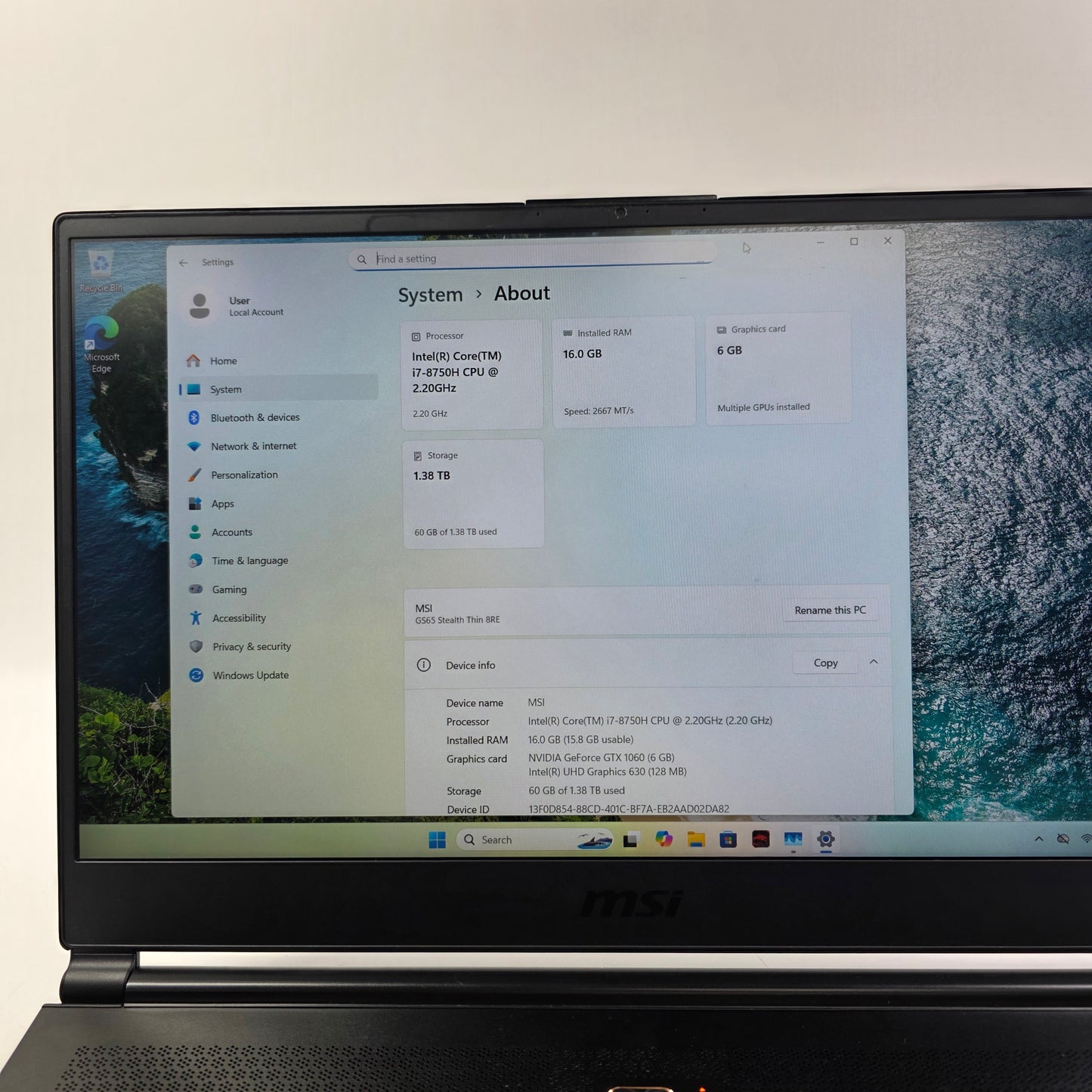 MSI Thin 8RE 8RE 15.6" i7-8750H 2.2GHz 16GB RAM 512GB GeForce GTX 1060