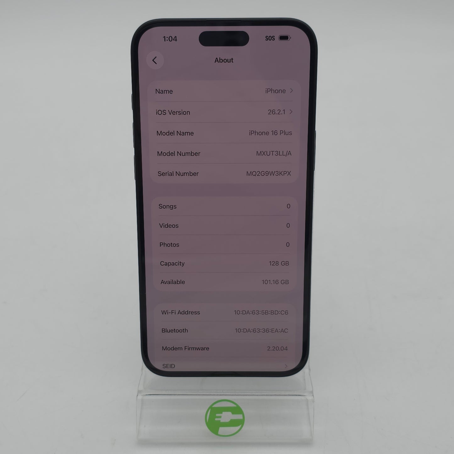 Unlocked Apple iPhone 16 Plus 128GB 26.2.1 Black MXUT3LL/A