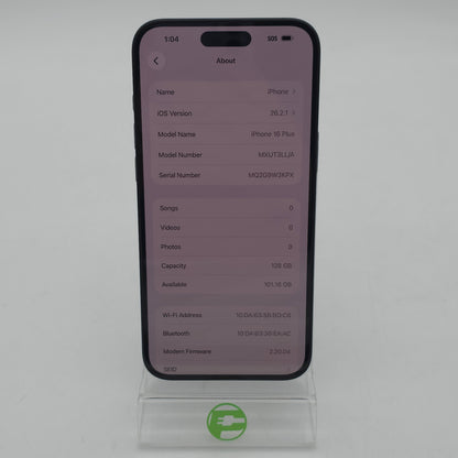 Unlocked Apple iPhone 16 Plus 128GB 26.2.1 Black MXUT3LL/A