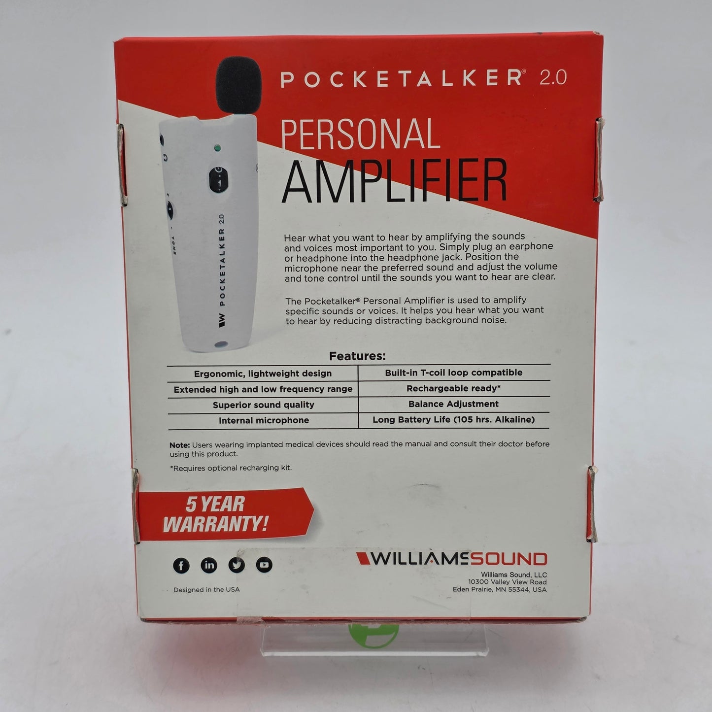 Williams Sound Pocketalker 2.0 Personal Amplifier PKT 2.0 VA BASE