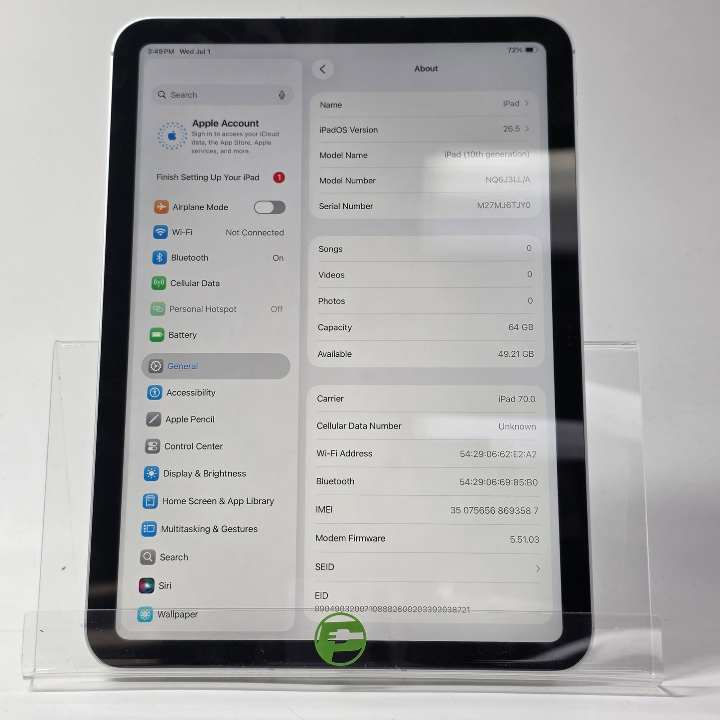 WiFi Only Apple iPad 10th Gen 64GB Silver NQ6J3LL/A