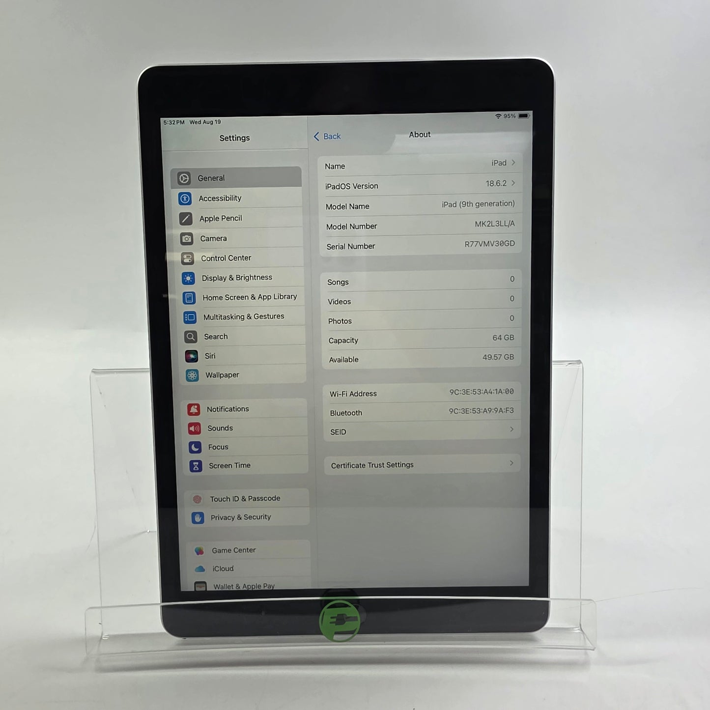 WiFi Only Apple iPad 9th Gen 64GB Silver MK2L3LL/A