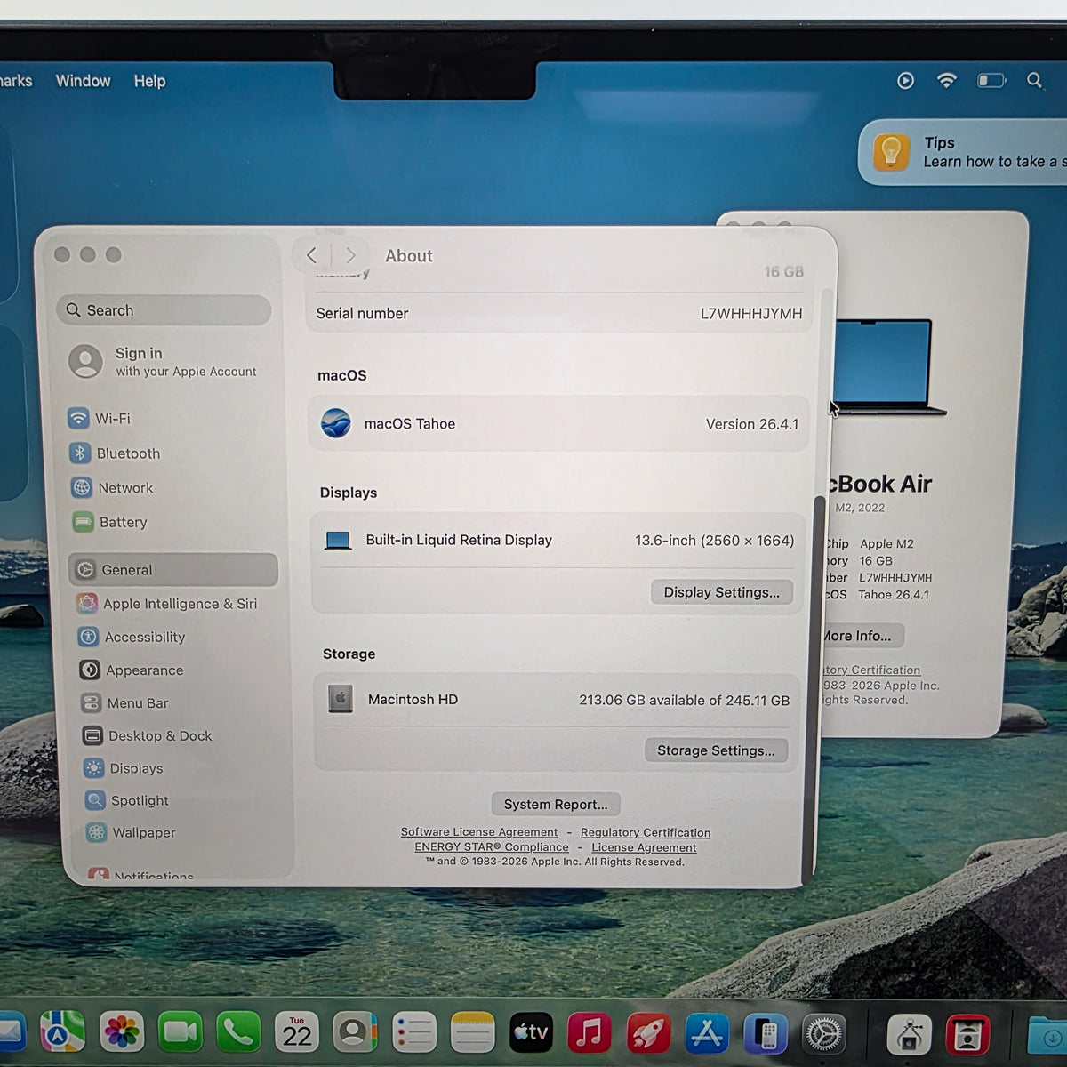 2022 Apple Macbook Air 13.6" M2 8C GPU 3.5GHz 16GB RAM 256GB SSD MC7X4LL/A