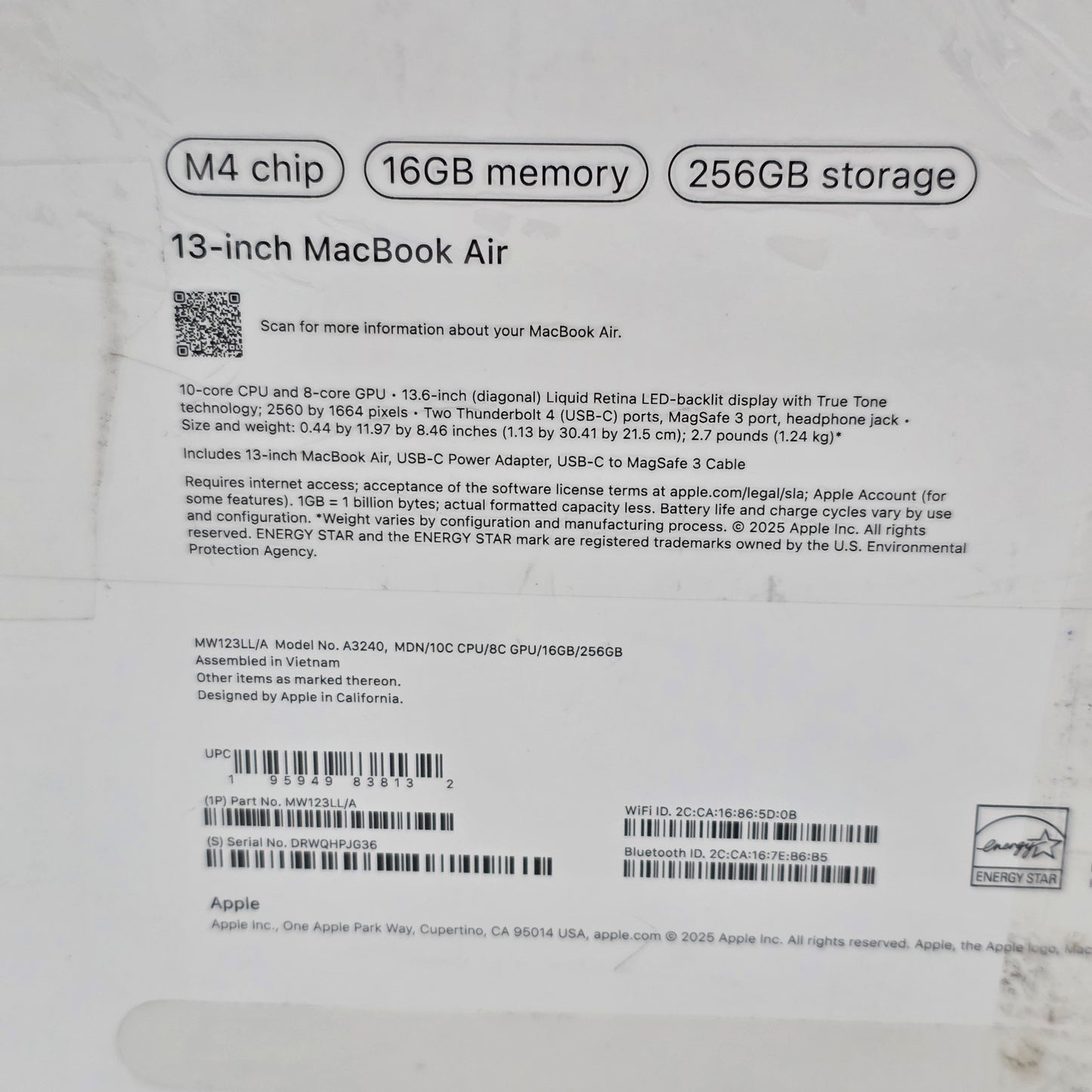 New 2025 Apple MacBook Air 13.3" M4 8C GPU 4.5GHz 16GB RAM 256GB SSD A3240