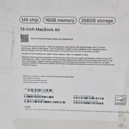 New 2025 Apple MacBook Air 13.3" M4 8C GPU 4.5GHz 16GB RAM 256GB SSD A3240