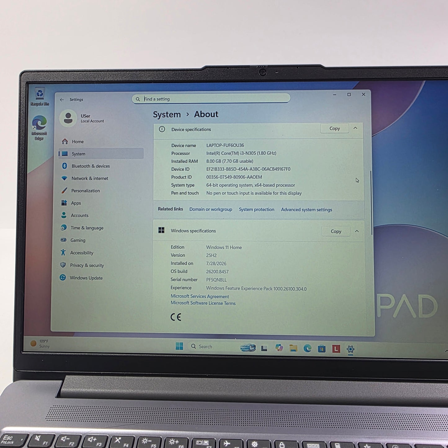 Lenovo IdeaPad Slim 3 15IAN8 15.6" i3-N305 1.8GHz 8GB RAM 128GB SSD