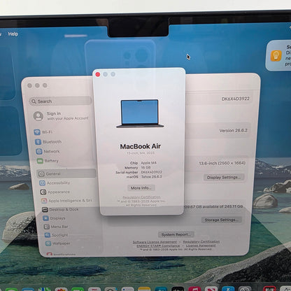 2025 Apple MacBook Air 13.6" M4 8C GPU 4.5GHz 16GB RAM 256GB SSD A3240