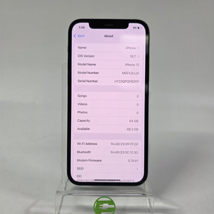 Factory Unlocked Apple iPhone 12 64GB Midnight MGF43LL/A