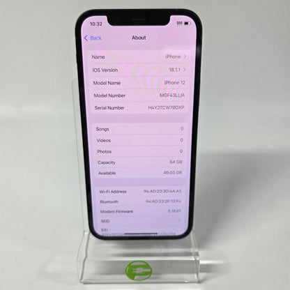 Factory Unlocked Apple iPhone 12 64GB Midnight MGF43LL/A