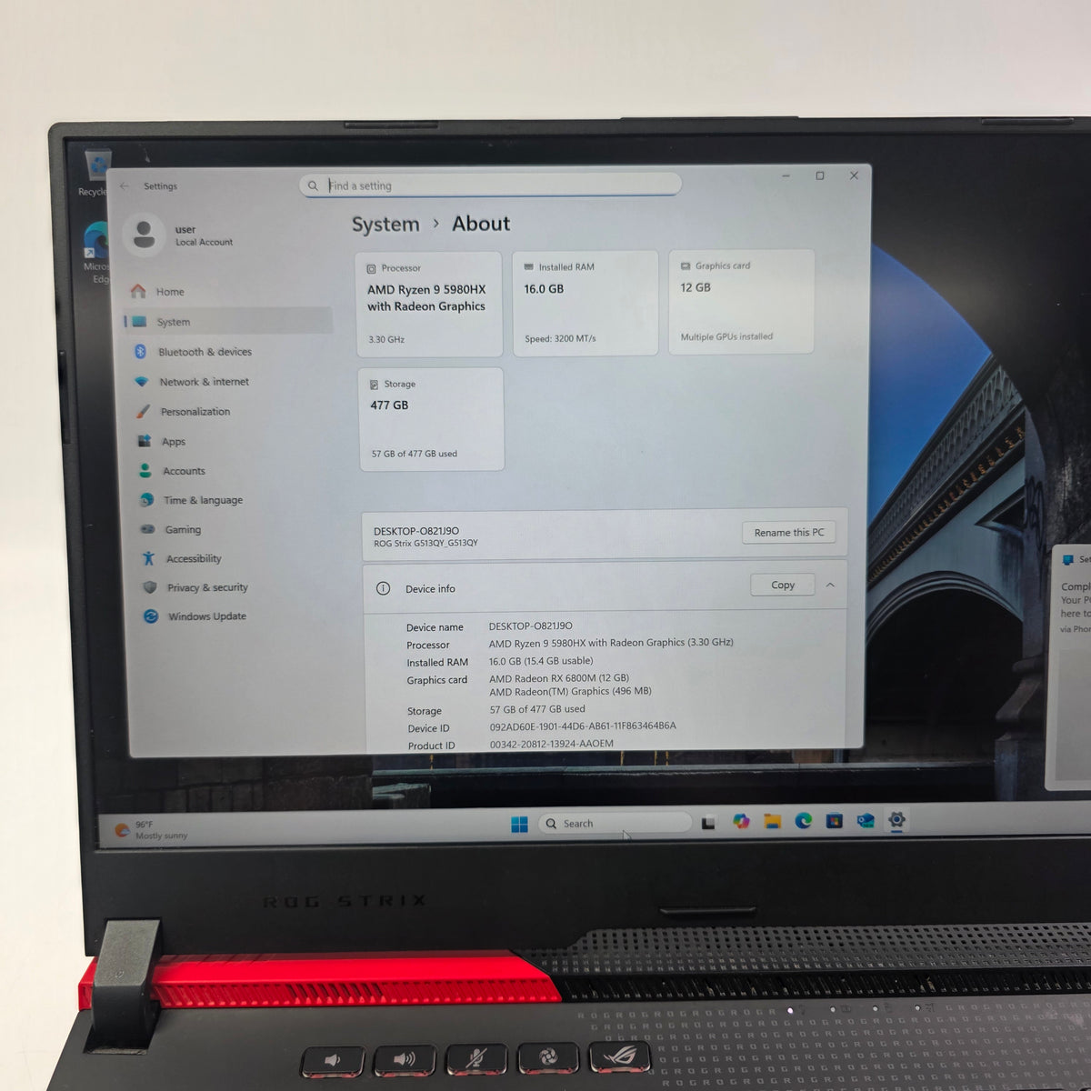 Asus ROG Strix G15 16" Ryzen 9 5980HX 3.3GHz 16GB RAM 512GB SSD AMD