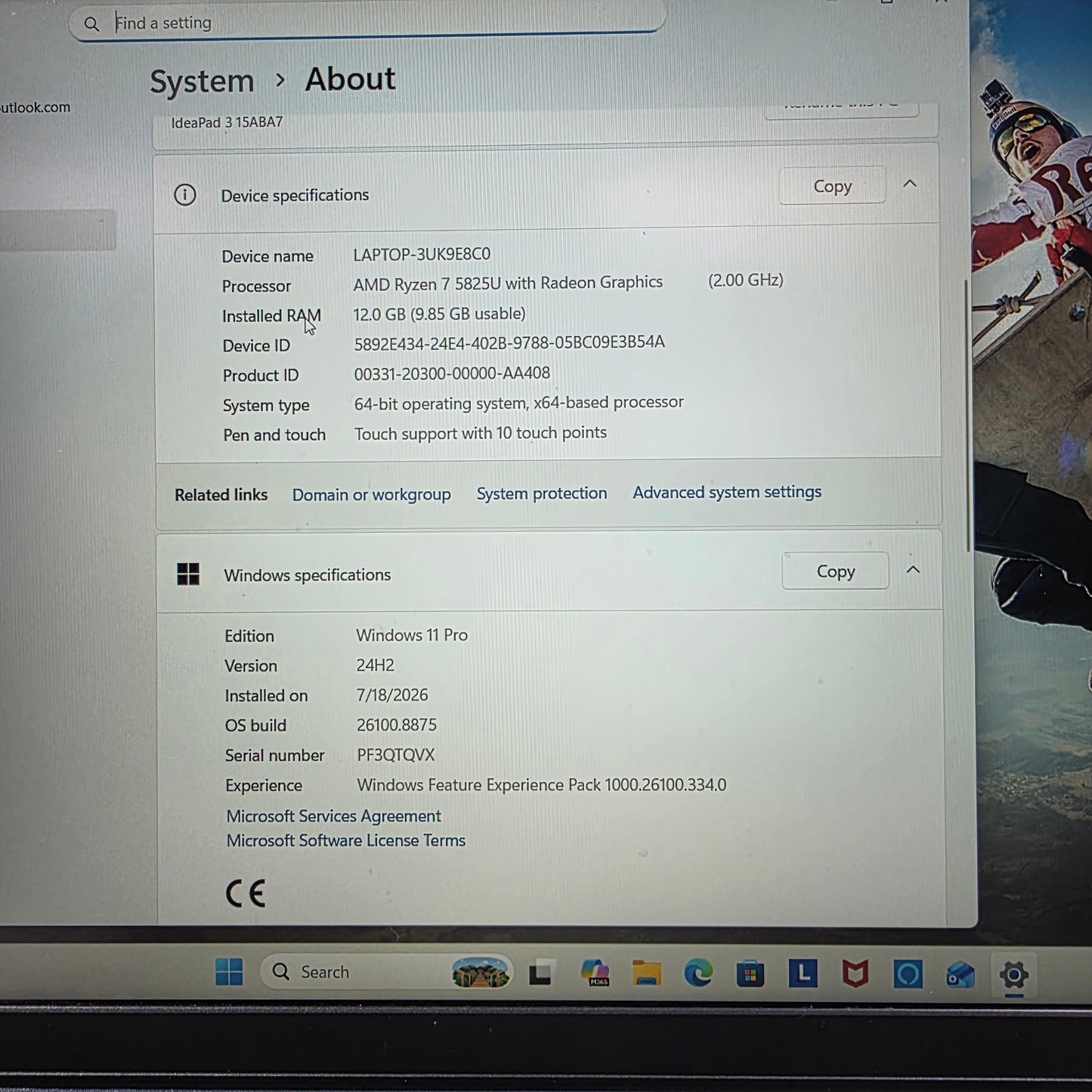 Lenovo IdeaPad 3 15ABA7 15.6" Ryzen 7 5825U 2.0GHz 12GB RAM 512GB SSD