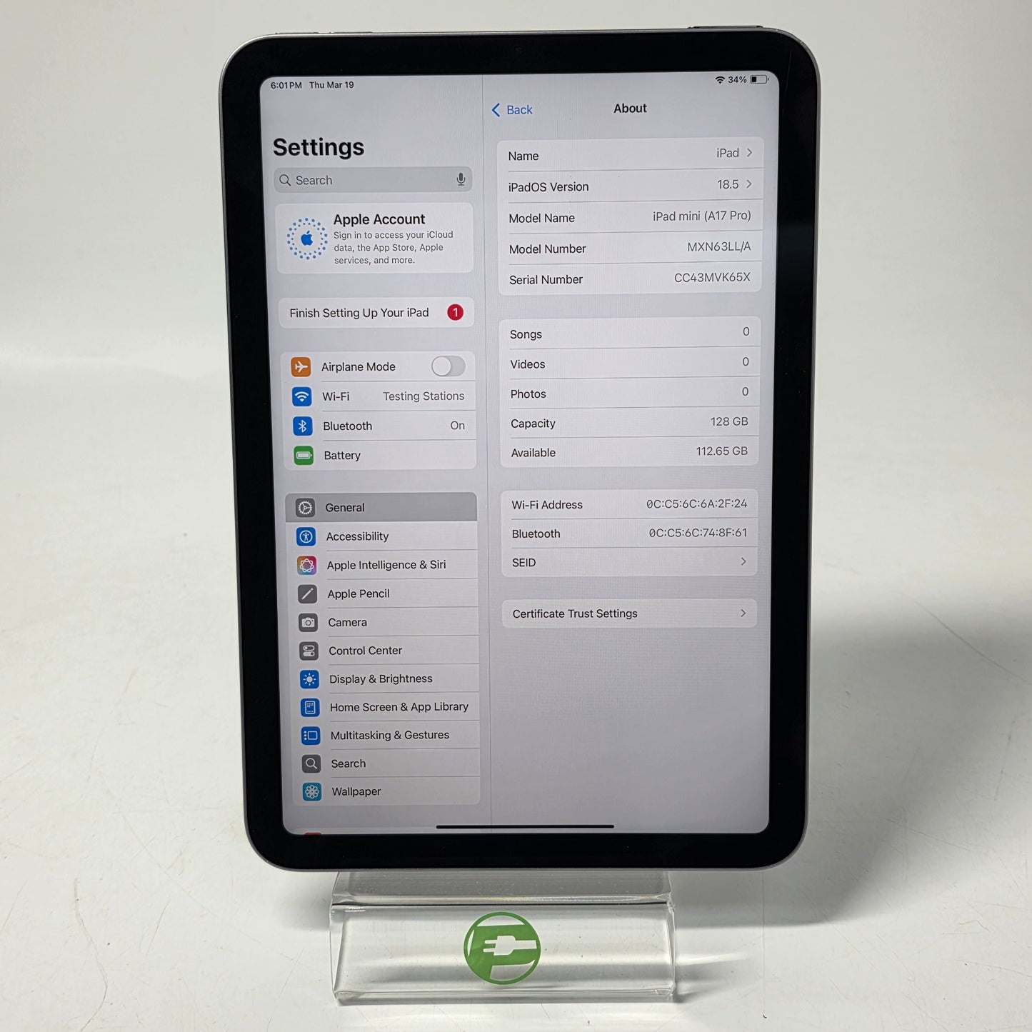 WiFi Only Apple iPad mini (A17 Pro) 128GB Space Gray MXN63LL/A