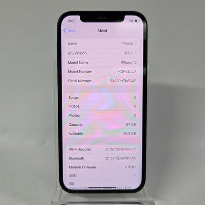 Factory Unlocked Apple iPhone 12 64GB Midnight MGF43LL/A